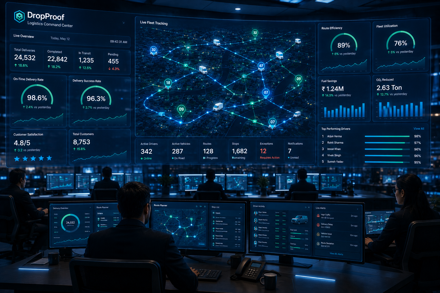 DropProof analytics dashboard showing routes, stops, driver statistics, and delivery outcomes